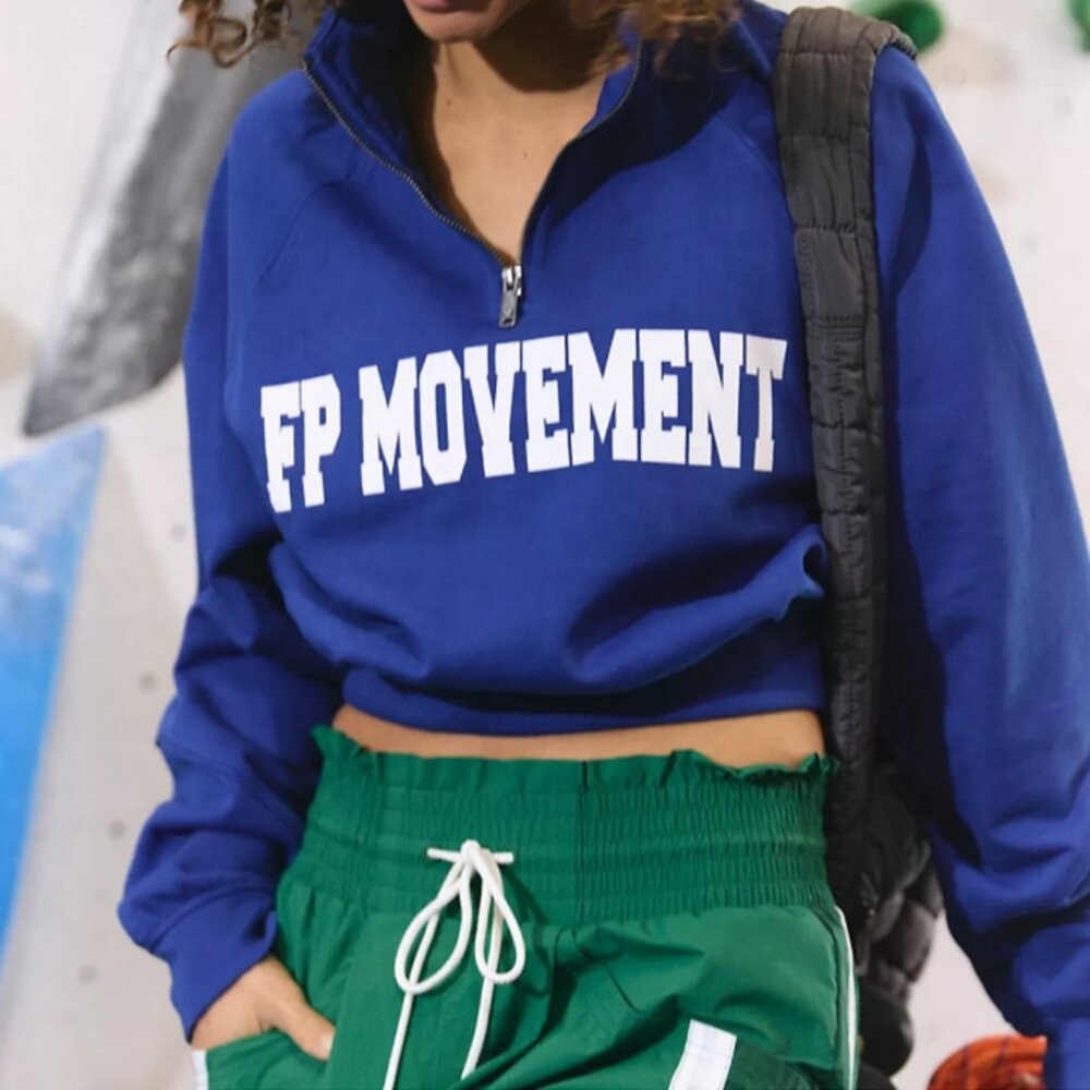 Free People For The Win Logo Half Zip in Athlete Blue Combo